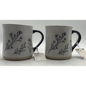 Petal & Pearl Floral Stoneware Mugs (2) White Navy Blue Speckled Wildflower New